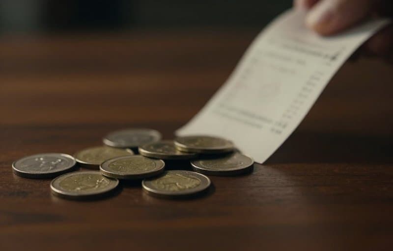 Złożony paragon i monety wyciągane z powrotem po ciemnym stole, ilustrujące już wydane pieniądze, gdy niepotwierdzony zakup w Google Play zostaje zwrócony i unieważniony
