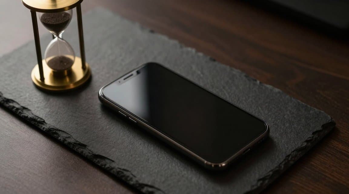 Kończąca się klepsydra obok smartfona, ilustrująca trzydniowe okno na potwierdzenie zakupu w Google Play, zanim zostanie automatycznie zwrócony