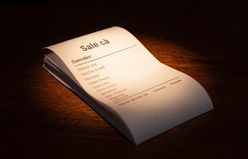 Stos papierowych paragonów sprzedaży na ciemnym biurku z pustą linią na nazwisko klienta, jeden oświetlony ciepłym reflektorem, ilustrujący zakup w App Store, który przychodzi bez appAccountToken pozwalającego zidentyfikować kupującego