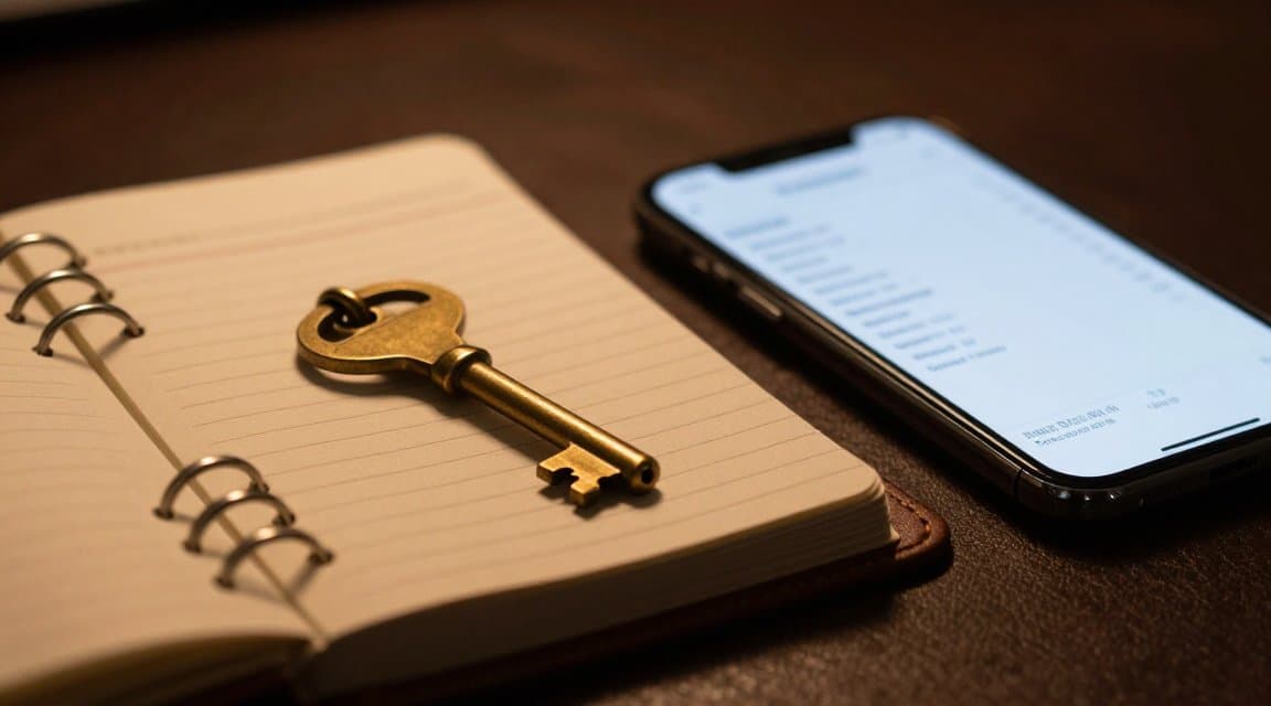 Numerowany mosiężny klucz leżący na ciemnej księdze obok smartfona pokazującego paragon zakupu, ilustrujący, jak appAccountToken łączy zakup w App Store z kontem użytkownika