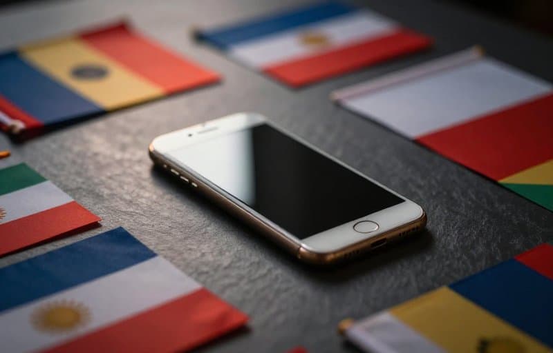 A single smartphone on a slate surface ringed by the soft shadows of several national flags, illustrating how app refund laws change with the customer's country while the developer's leverage does not