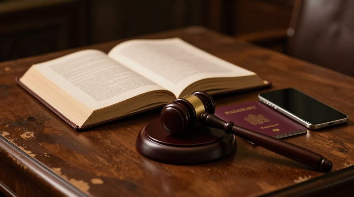 An attorney's desk in warm light with an open law book, a wooden gavel, a passport, and a smartphone, illustrating how app refund laws change with the customer's country