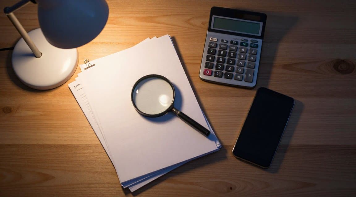 A magnifying glass resting over a small stack of paper receipts on a desk, standing in for finding your app refund rate in the store dashboards