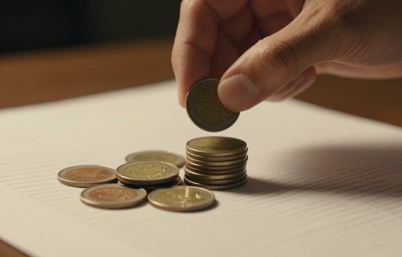 A hand lifting a single coin from a small stack on a paper document while the rest of the coins stay put, illustrating that an app refund tax reversal pulls back only your share, not the whole receipt total