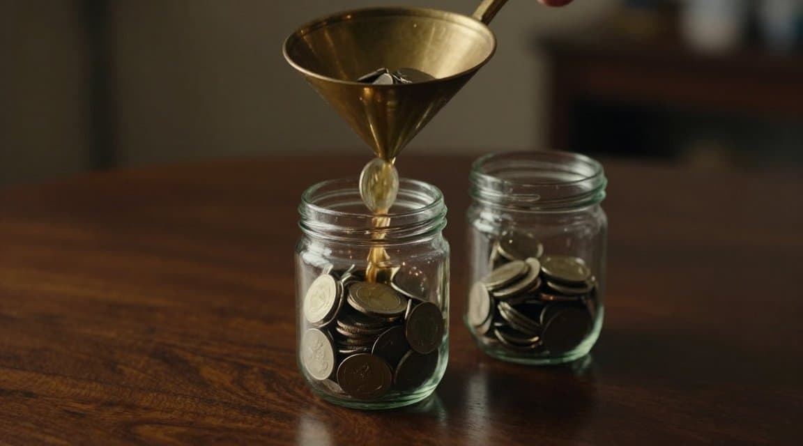Coins flowing through a brass funnel into two separate glass jars on a dark desk, illustrating how the app refund tax passes through the store and never through your share