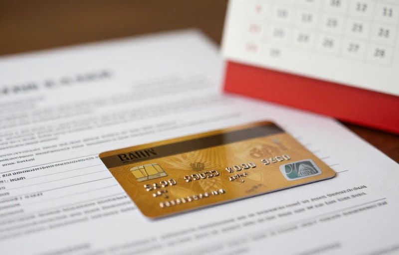 A bank card on a printed statement next to a desk calendar, standing in for a chargeback that can reverse a Google Play sale up to 120 days after purchase