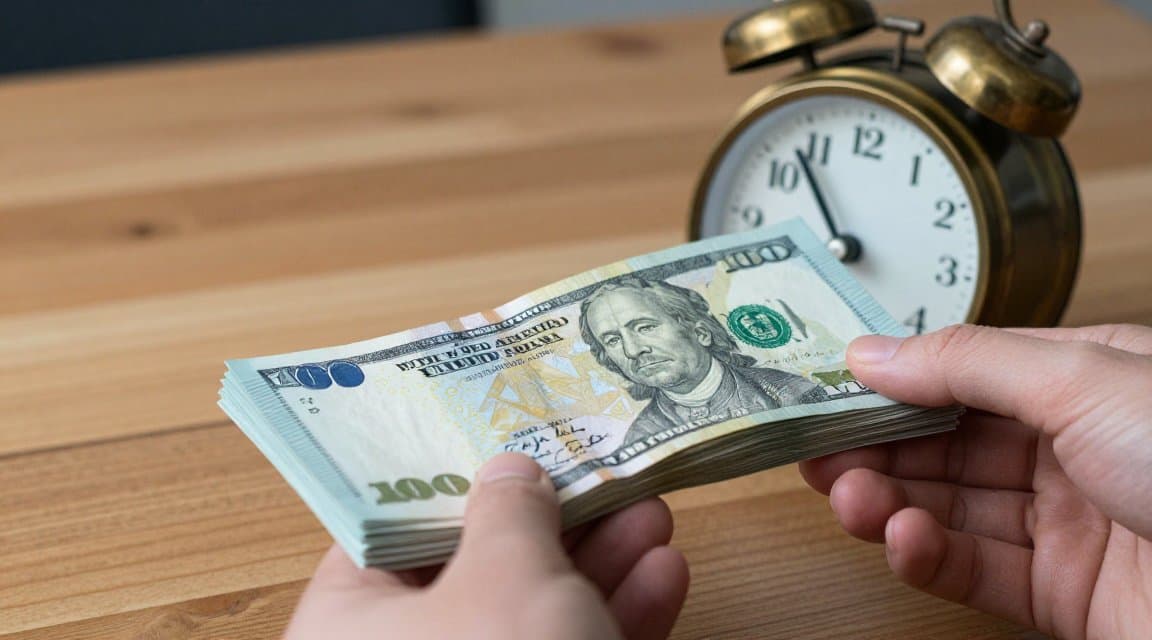 A brass alarm clock resting on a stack of banknotes, illustrating the app refund time limit and how long revenue stays reversible after a sale