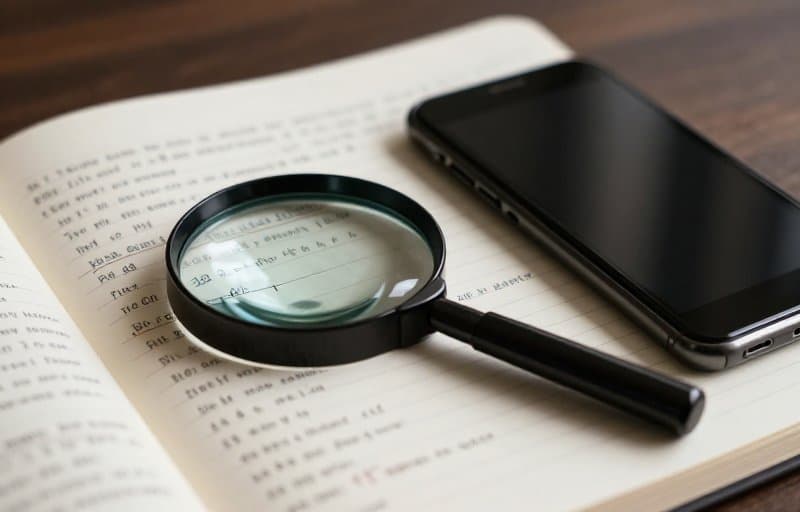 A magnifying glass hovering over one highlighted row of a paper transaction ledger beside a smartphone, illustrating looking up a single customer's refunds in the App Store refund history