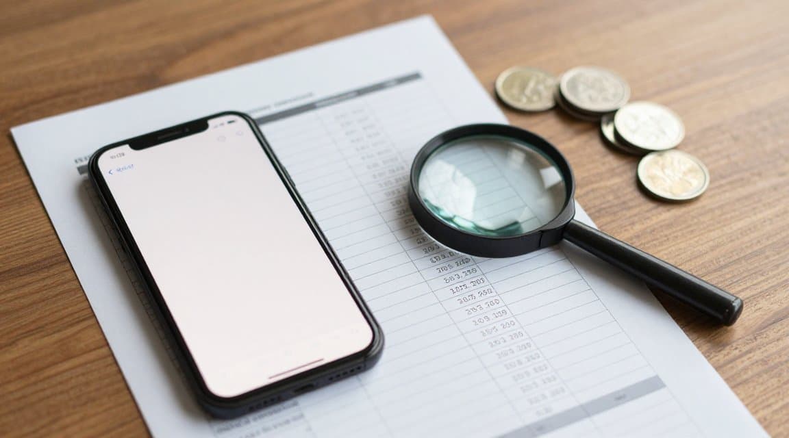 An overhead desk scene with a smartphone, a paper ledger of transactions, and a magnifying glass, illustrating pulling a customer's App Store refund history from Apple's Get Refund History endpoint