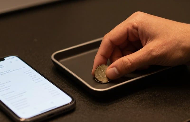 A coin being placed back beside a smartphone, illustrating a reversed App Store refund that restores the sale to the developer