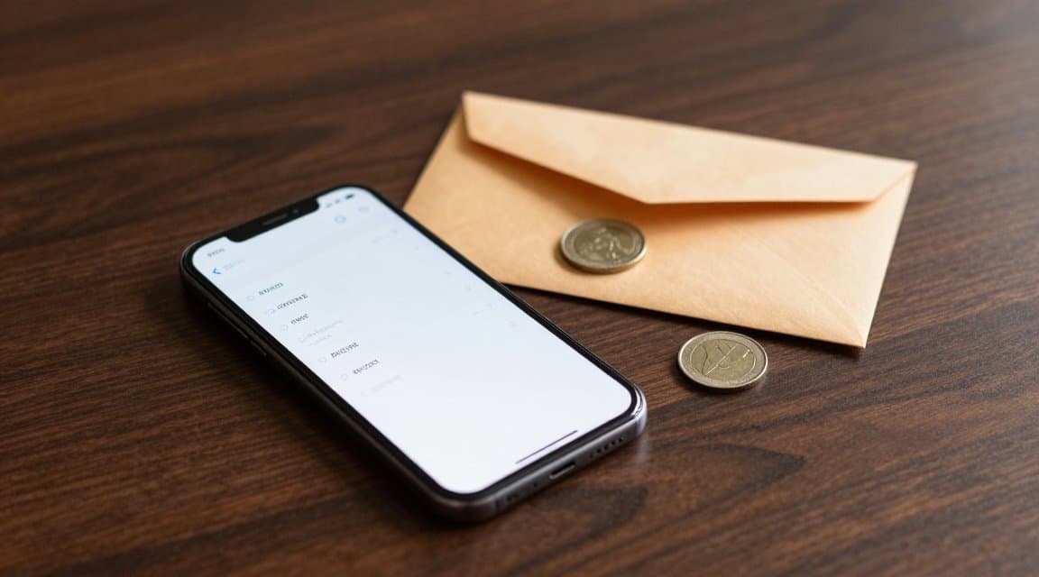 A smartphone showing a payment receipt beside a returned envelope and a single coin, illustrating the App Store refund notifications Apple sends after it decides a refund