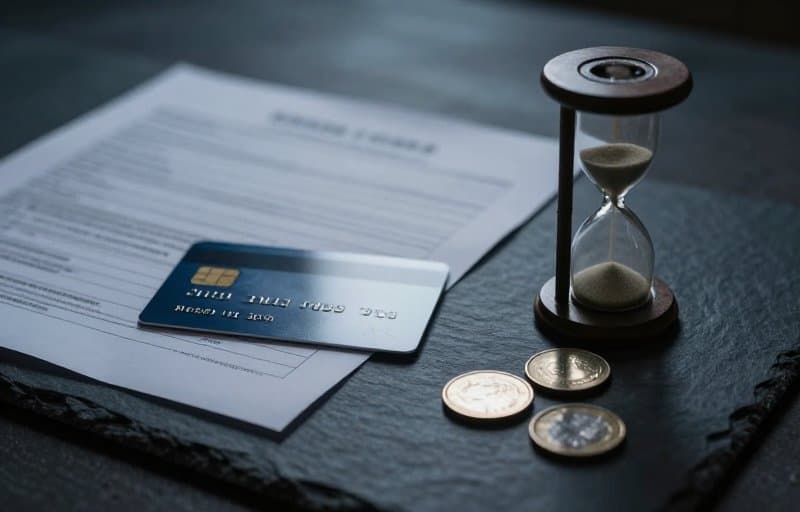 A bank card on a paper statement beside an hourglass running low, standing in for a Google Play or App Store refund that takes too long to settle