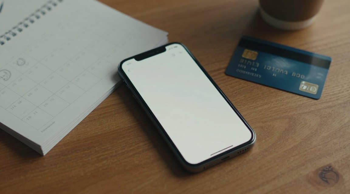 A phone face-up on a desk beside a wall calendar with days circled, standing in for App Store refund processing time and the wait for the money to land
