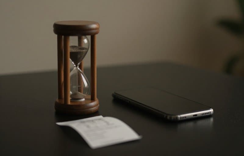 An hourglass beside a smartphone and a paper receipt, illustrating the up-to-48-hour wait after a customer submits an in-app refund request to Apple