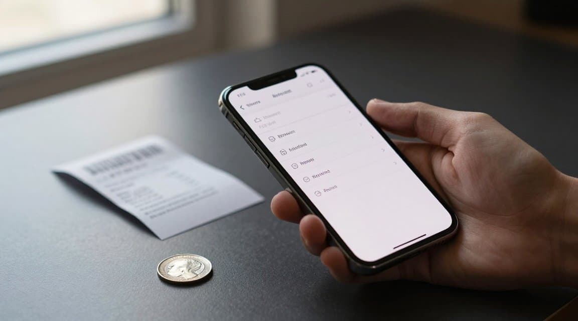 A hand holding a smartphone showing an account settings screen beside a paper receipt and a coin, illustrating an in-app refund request a customer can start without leaving the app