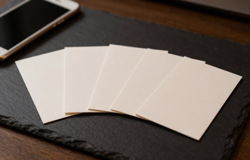 Five blank folded cards fanned out on a dark desk beside a phone, representing the five consumptionRequestReason values a customer can send