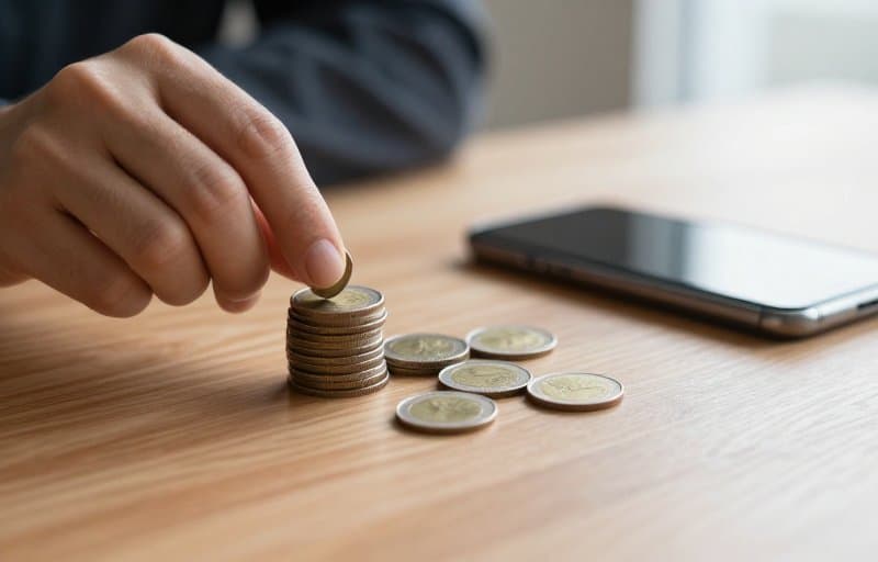 One open hand sliding a single coin back across a warm-lit desk while a larger stack of coins stays in place, illustrating that a refund reverses a payment while a cancellation does not