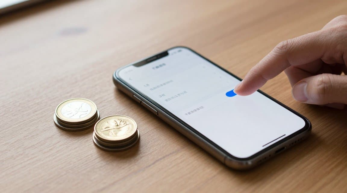 A smartphone on a warm-lit desk showing a subscription toggle being switched off, with a small stack of coins left untouched beside it, illustrating that cancelling a subscription is not a refund