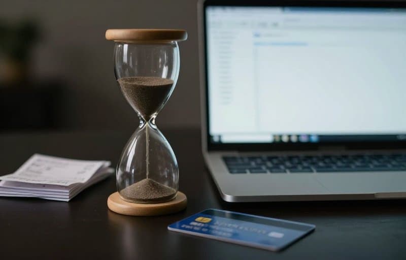An hourglass running low beside a laptop showing a plain data dashboard, a bank card and receipts nearby on a dark desk, illustrating the narrow evidence window before a chargeback is decided