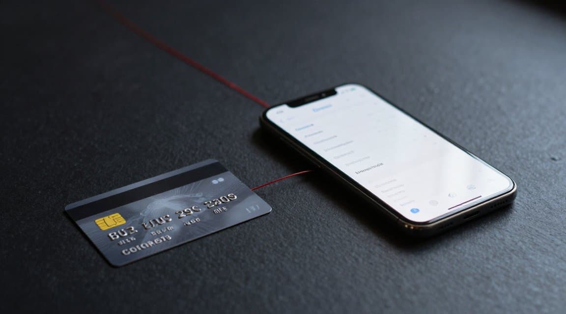 A single bank card beside a smartphone showing an app store payment receipt on a dark desk, one taut red string between them, illustrating the difference between a chargeback and a refund
