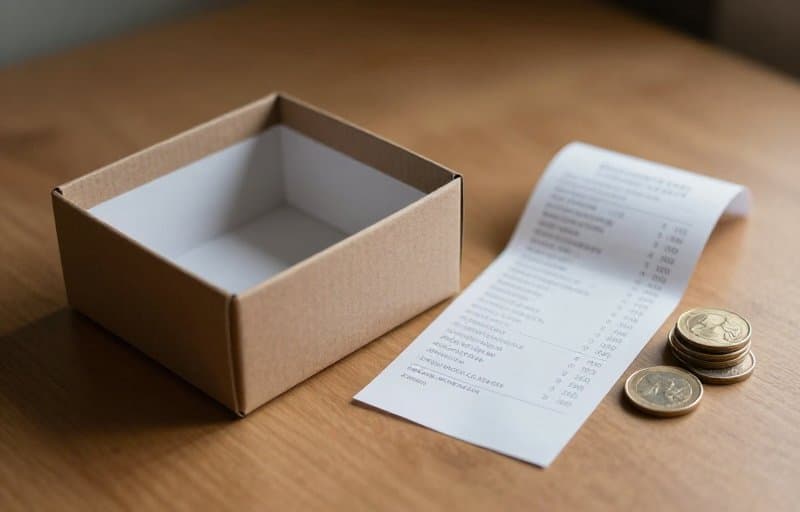 An opened empty gift box beside a payment receipt and a small stack of coins, illustrating a consumable in-app purchase that was delivered and then refunded