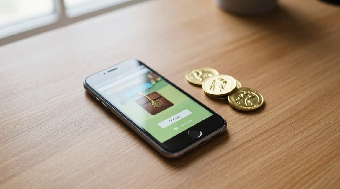 A smartphone showing an in-app coin wallet beside spilled gold tokens, illustrating a consumable in-app purchase refund where the item was already delivered