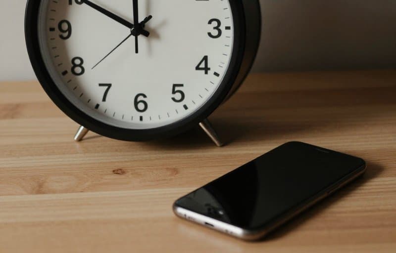 An analog clock face on a desk beside a smartphone lying screen down, standing in for the 12-hour window to respond to Apple's CONSUMPTION_REQUEST