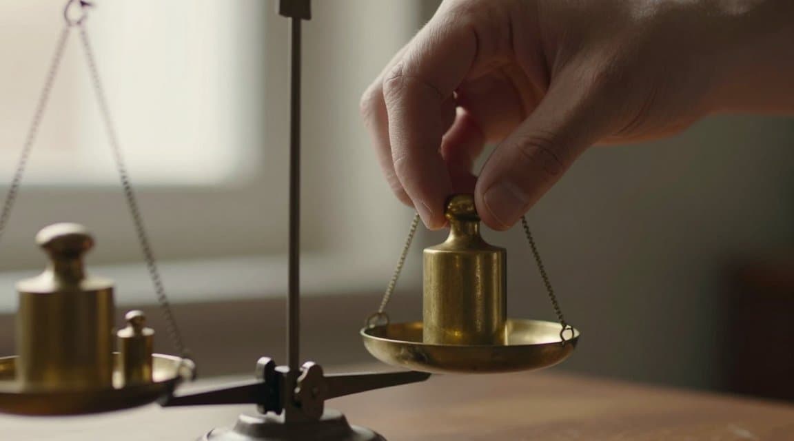 A hand placing one small brass weight onto a balance scale already holding several others, standing in for consumption data as one factor in Apple's refund decision