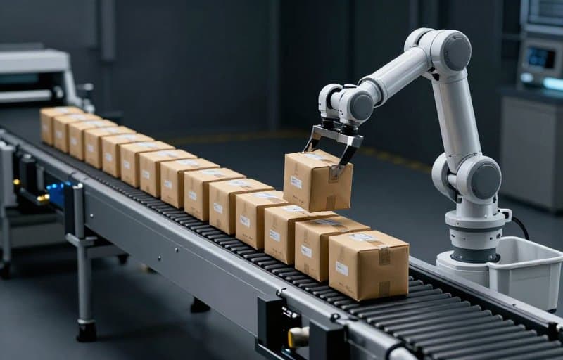 A robotic gripper lifting one duplicate parcel off a conveyor line into a side bin, an image standing in for deduplicating repeated refund notifications