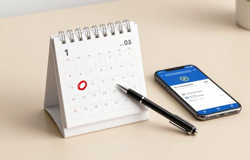 A desk calendar with one day circled in red beside a phone showing a bank charge notification, illustrating a free trial refund triggered at conversion