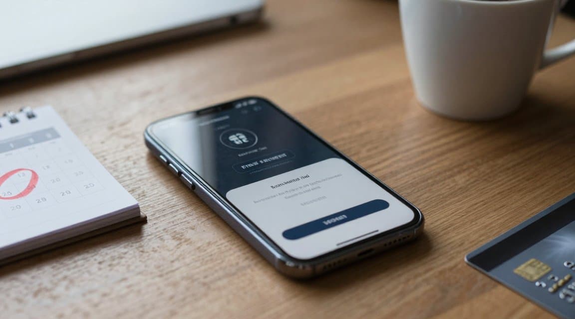 A smartphone on a desk showing a subscription trial ending and a first charge, illustrating a free trial refund at the moment a trial converts to paid