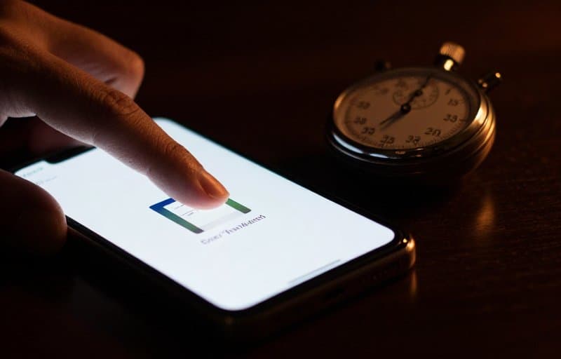 A fingertip about to tap a downloaded digital item glowing on a smartphone in a dark room, with an analog stopwatch on the desk, standing in for a delivered purchase and the short window to prove it