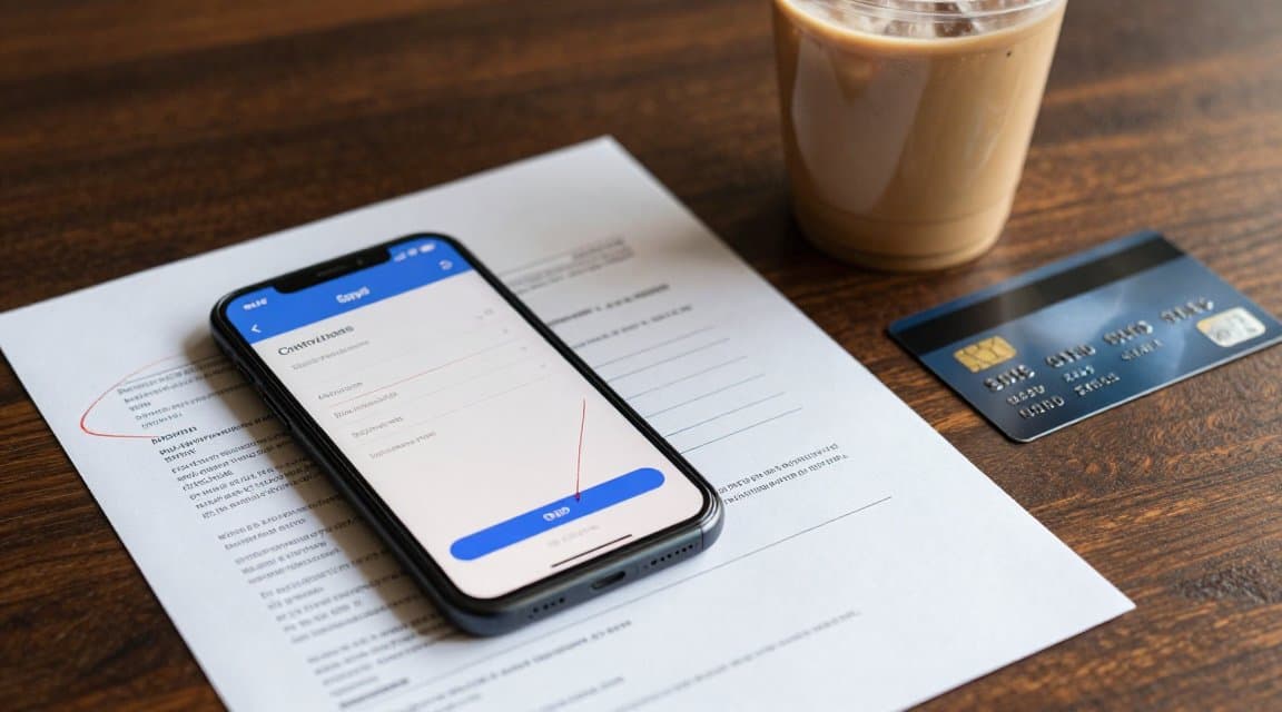 A smartphone showing a completed in-app purchase beside a bank statement with one line circled in red, illustrating friendly fraud where a real customer disputes a charge they made