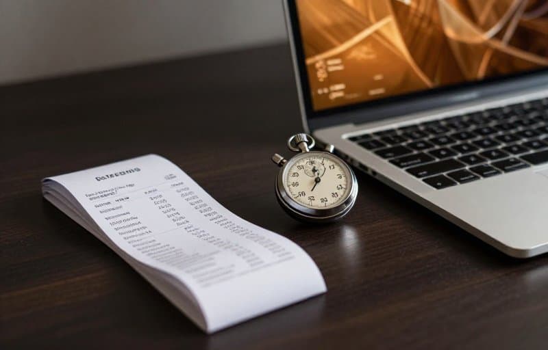A stopwatch beside a stack of transaction receipts and a laptop showing a data dashboard on a dark desk, illustrating gathering consumption evidence within the Google Play chargeback review window