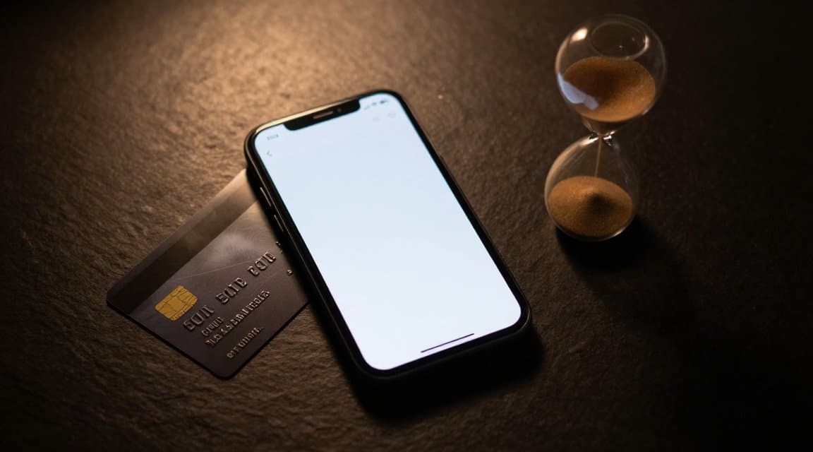 A smartphone showing a payment dispute screen next to a bank card and a small hourglass on a dark desk, illustrating the 24-hour Google Play chargeback review clock