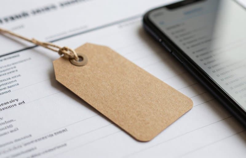 A small blank paper tag tied with string resting on a printed bank statement beside a smartphone showing an out of focus list of transactions, standing in for tagging a Google Play purchase so a later dispute can be traced to a user