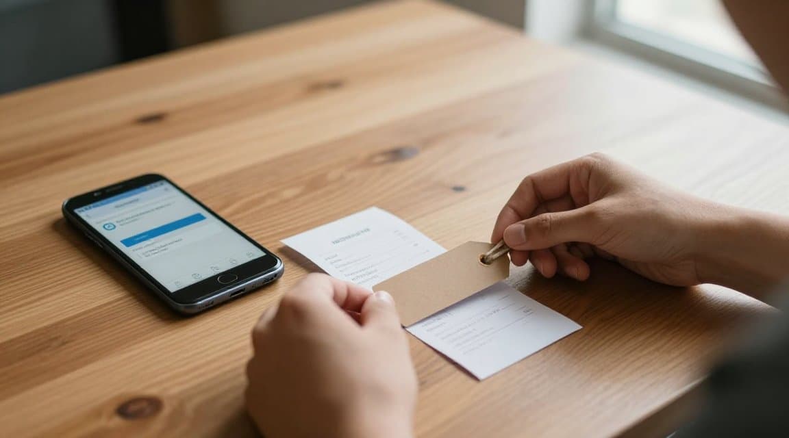 A developer's hands tying a small blank tag onto a paper purchase receipt beside an Android phone, standing in for stamping a Google Play obfuscated account id onto a purchase