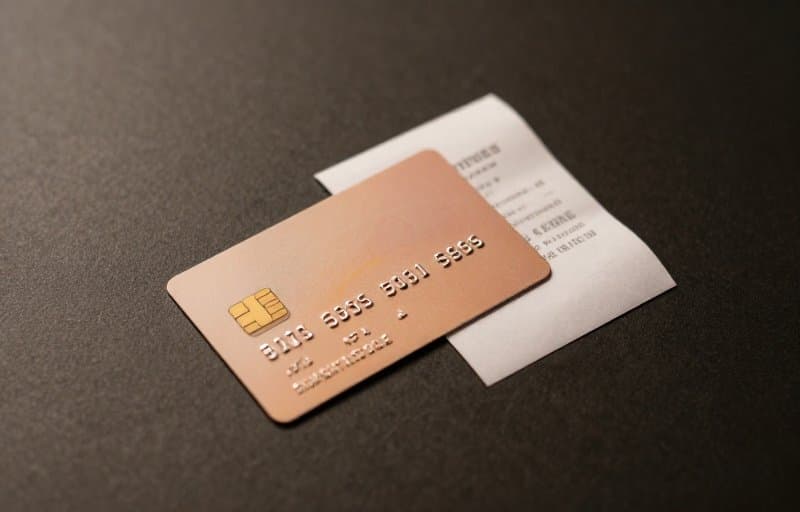A credit card face down beside a paper receipt, standing in for a voided Google Play purchase