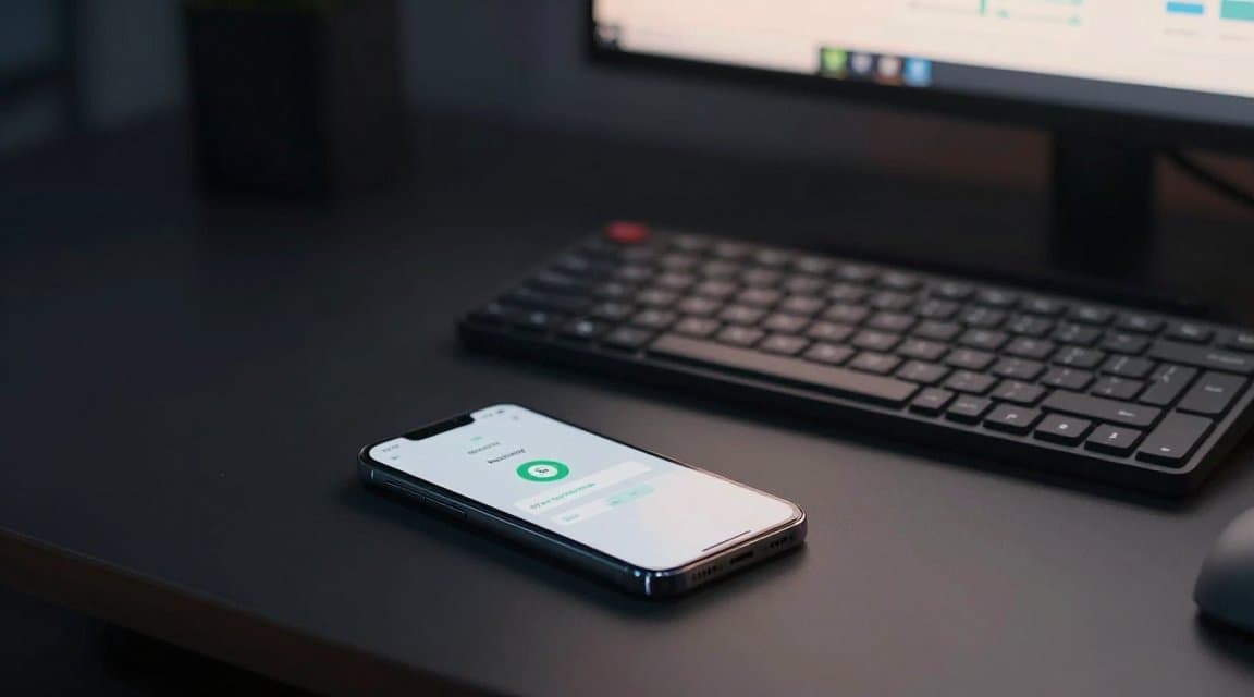 A developer workspace at dusk with a phone showing a reversed payment, illustrating a Google Play voided purchase notification reaching a server