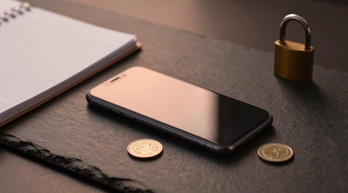 A smartphone beside a paper ledger, a closed brass padlock, and a coin sliding away, illustrating the Google Play Voided Purchases API that reports refunded and charged-back orders