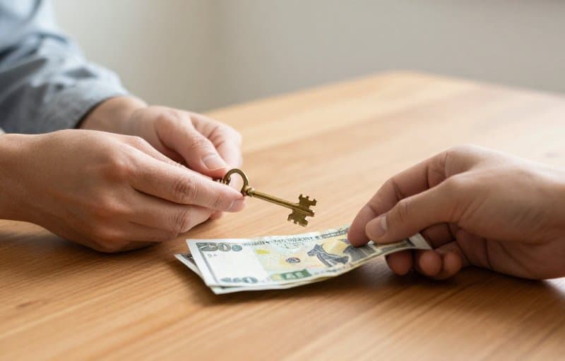 Two hands returning a small brass key across a table as money slides back the other way, illustrating a non-consumable refund where the feature is taken back and the price returned