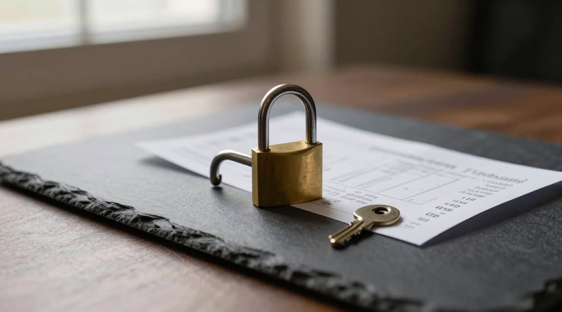 An open brass padlock beside a receipt and a single key, illustrating a non-consumable refund where the developer takes the unlocked feature back