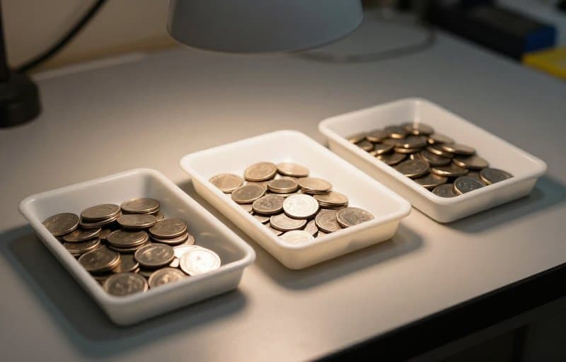 Three labeled sorting trays on a workbench catching sorted metal tokens, one tray lit brighter, standing in for triaging refunds by reason code into fix, fight, and accept