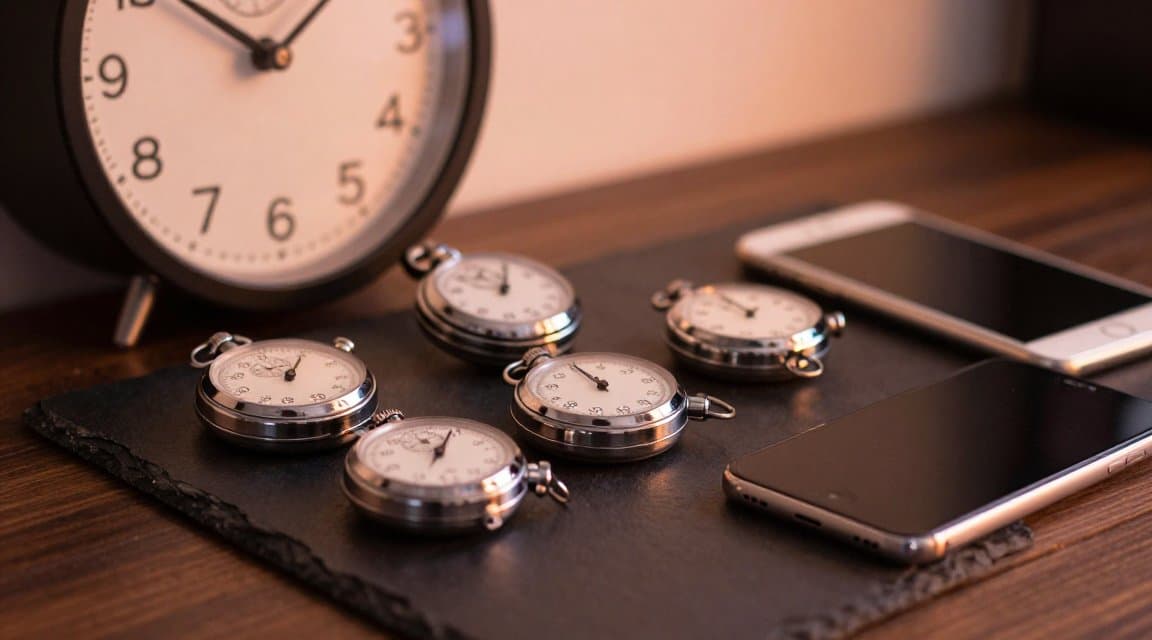 Vintage mechanical stopwatches and a wall clock on a dark desk beside a phone, illustrating every App Store and Google Play refund window as a countdown