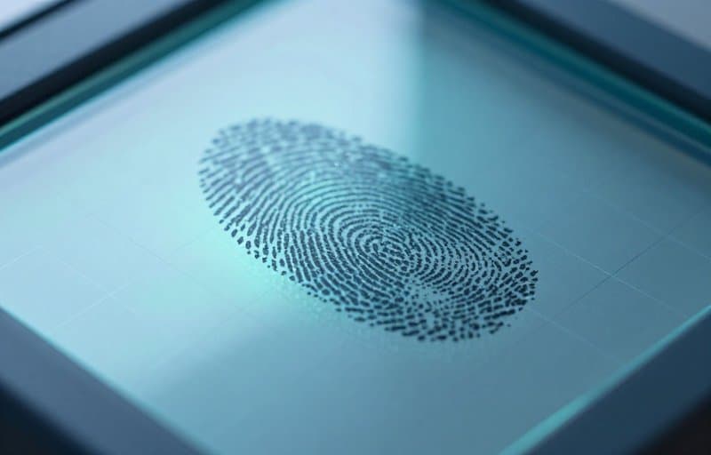 Odcisk palca odczytywany na podświetlonym szklanym czytniku, obrazujący, jak pola tożsamości sklepu wiążą zakup z kontem stojącym za nadużyciem zwrotów