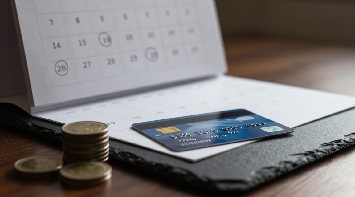 A wall calendar with recurring monthly billing dates circled, a credit card across it and coins pushed partway back, illustrating how subscription refunds reverse a billing period