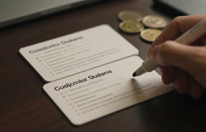 Two subscription tier cards on a desk with a hand moving a marker up to the higher card while coins are lifted from the old card, illustrating a subscription upgrade refund leaving your proceeds