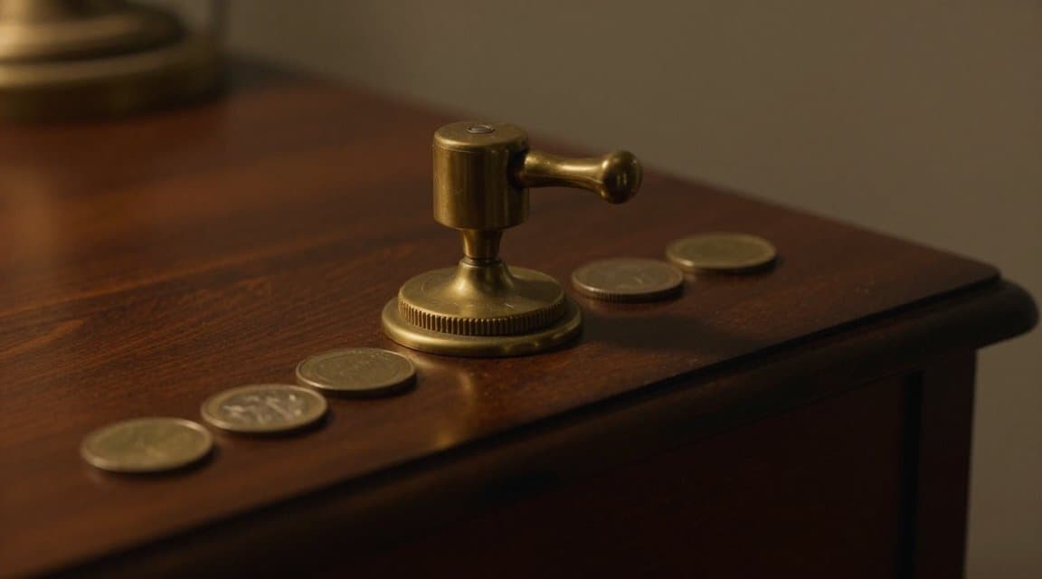 A brass lever pushed up to a higher setting while coins slide off the desk edge into shadow, illustrating a subscription upgrade refund leaving your proceeds