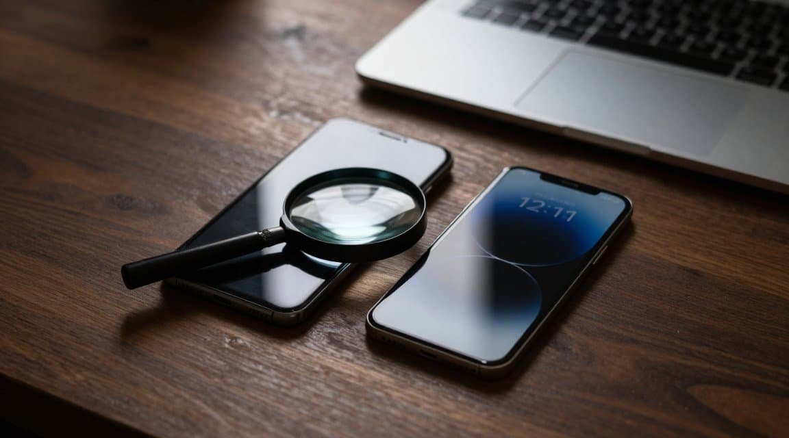 An iPhone and an Android phone under a magnifying glass on a dark desk, standing in for testing in-app purchase refunds before they are real
