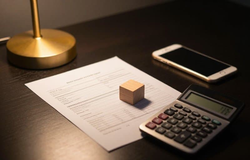 A bank statement, a calculator, and a face-down phone under a warm lamp with a child's toy block on the paper, illustrating what an unauthorized in-app purchase refund costs a developer